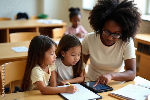 african american elementary school teacher working with children on tablet in classroom