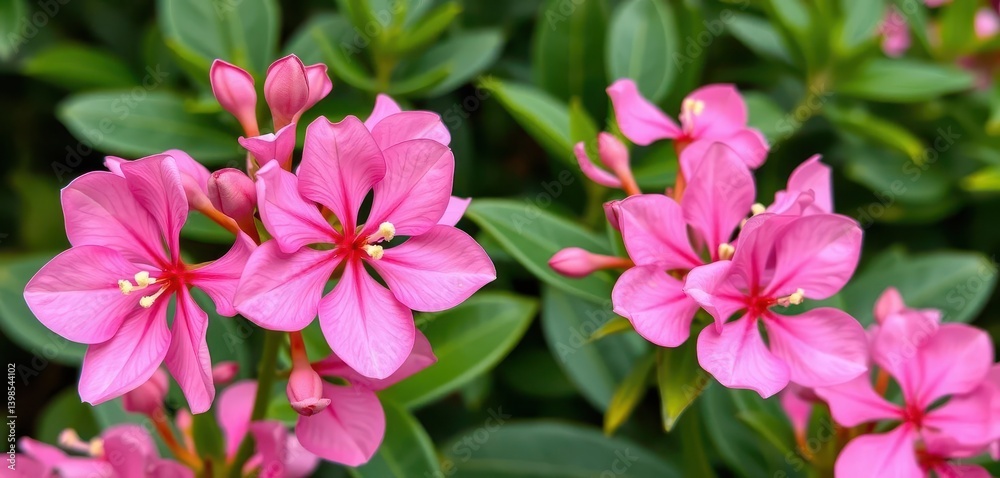 Pink Adenium obesum blossoms in sharp focus, lush green foliage backdrop, stock photo, wildlife, picture Pink Adenium obesum blossoms in sharp focus, lush green foliage backdrop, stock photo, wildlife, picture