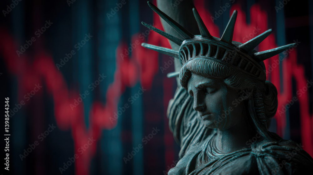 Fototapeta premium The statue of liberty with a red crashed stock market graph in the background