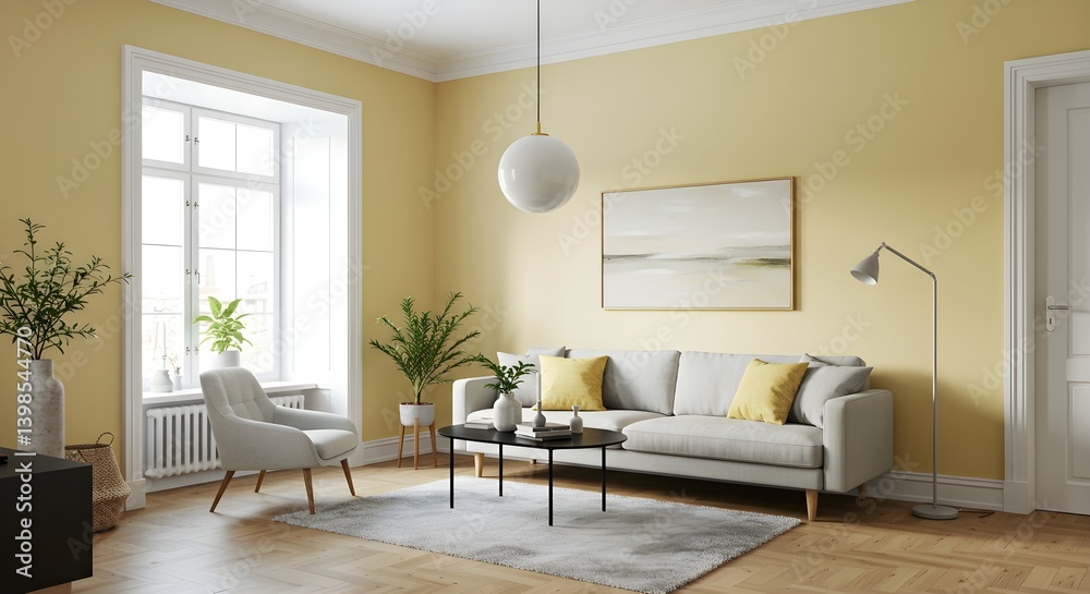Fototapeta premium Modern living room with minimalist cozy calm and stylish furniture in a cozy contemporary home
