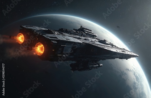 Fototapeta Naklejka Na Ścianę i Meble -  Large spaceship in space. Futuristic spacecraft hovers near planet. Science fiction artwork with spaceship engines. Sci-fi, cosmos, galaxy, space exploration.