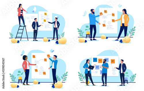 Workshop illustration collection - Set of business vector graphics with people working with sticky notes coming up with solutions on whiteboard with sketches and notes for project work