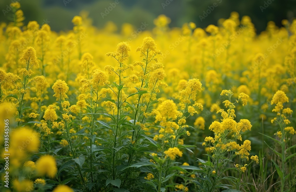 Field of yellow ragweed flowers blossoms under sunlight. Common ragweed plants with yellow flowers, green leaves, stems. Summer meadow background, allergen season, allergy concept. Botany, botany, Field of yellow ragweed flowers blossoms under sunlight. Common ragweed plants with yellow flowers, green leaves, stems. Summer meadow background, allergen season, allergy concept. Botany, botany,