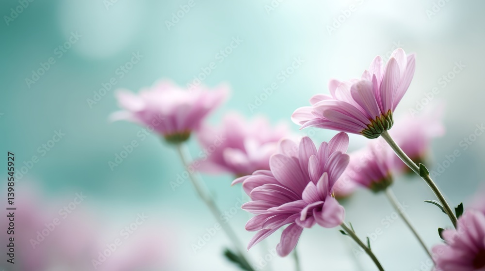 A cluster of lavender daisies stands out gently against a dreamy, blurred teal backdrop, creating a serene atmosphere perfect for messaging or announcements A cluster of lavender daisies stands out gently against a dreamy, blurred teal backdrop, creating a serene atmosphere perfect for messaging or announcements