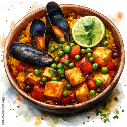 Paella Valenciana, watercolor illustration, isolated on a white background.

