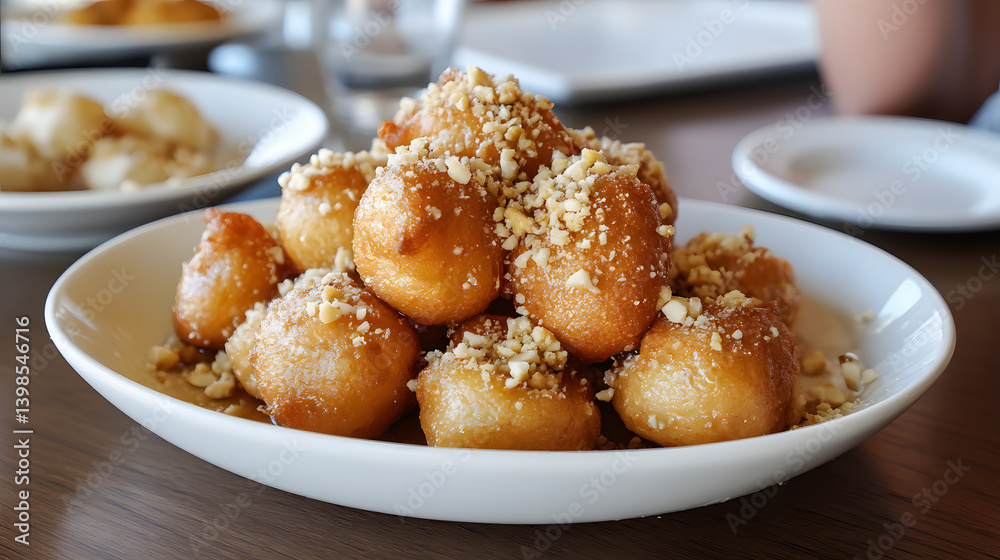 Delicious Golden Dough Balls Deep Fried and Topped with Nuts Ready to Enjoy in a Cozy Setting Delicious Golden Dough Balls Deep Fried and Topped with Nuts Ready to Enjoy in a Cozy Setting