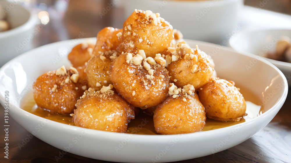 Golden Deep Fried Dough Balls Drizzled with Honey and Nut Topping for Dessert or Snack Treat Golden Deep Fried Dough Balls Drizzled with Honey and Nut Topping for Dessert or Snack Treat