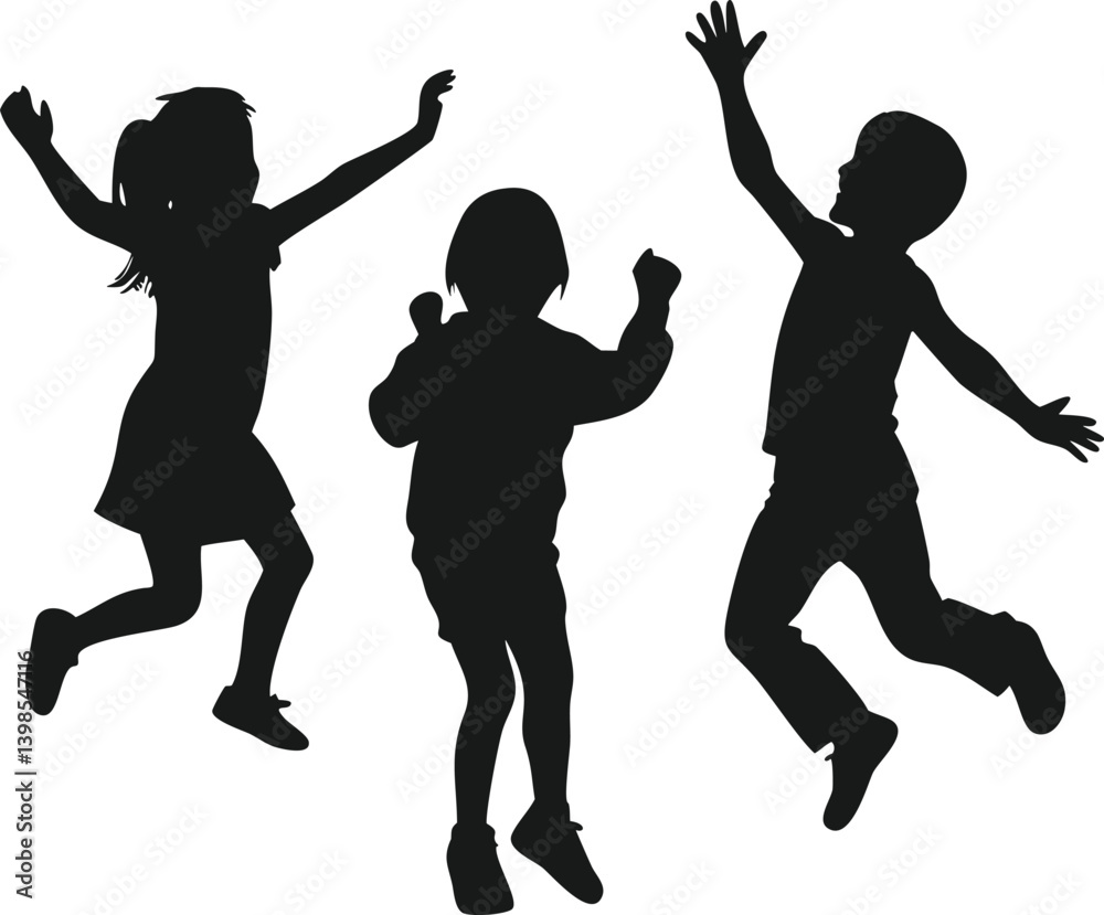 Fototapeta premium Children Playing and Jumping Silhouette Vector. Kids Jumping Silhouette. Happy Children Playing. Childhood Fun Silhouette.