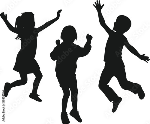 Children Playing and Jumping Silhouette Vector. Kids Jumping Silhouette. Happy Children Playing. Childhood Fun Silhouette.