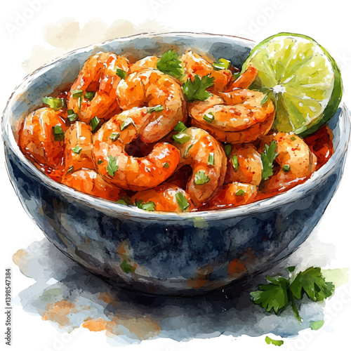Pad Thai, watercolor illustration, isolated on a white background.

