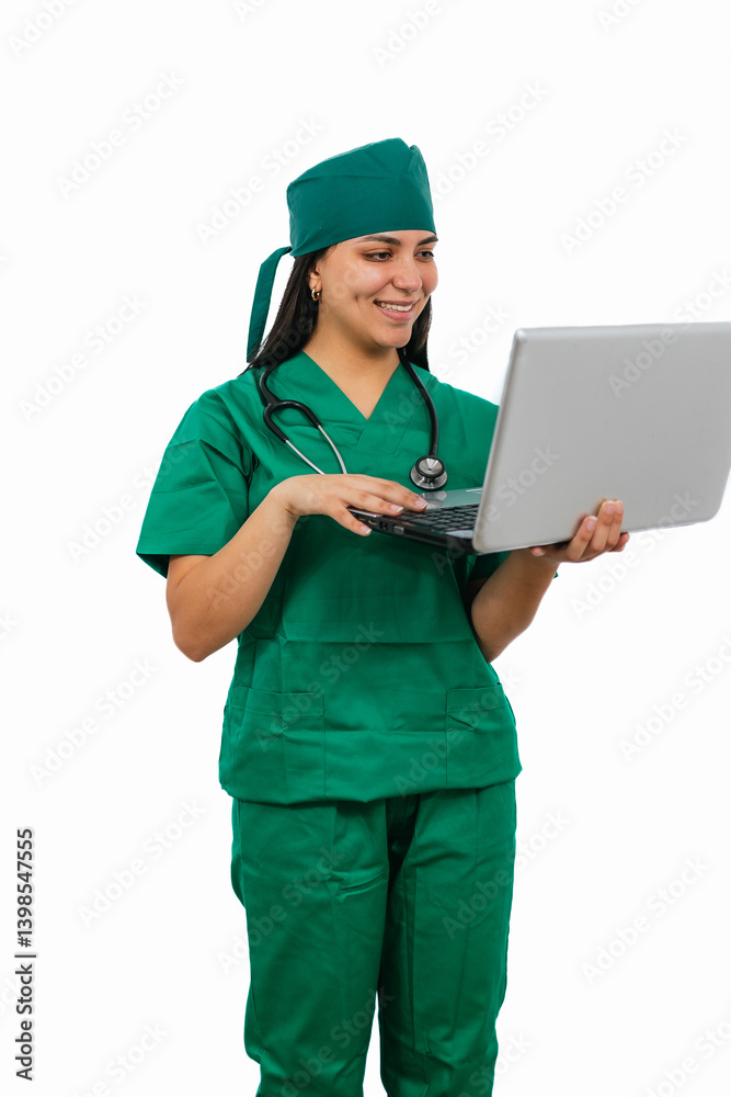 vertical Female surgeon wearing green scrubs using laptop on white background vertical Female surgeon wearing green scrubs using laptop on white background