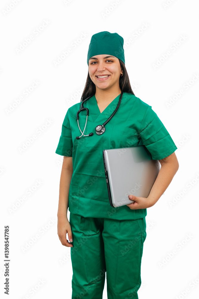 vertical Latin female surgeon holding laptop and smiling on white background vertical Latin female surgeon holding laptop and smiling on white background