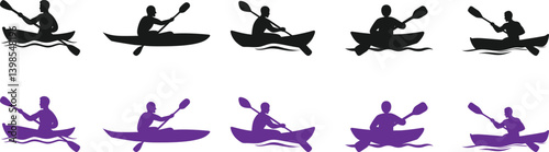 Silhouette Bundle of Man Kayaking. Man in Kayak Silhouette Set. Paddling Kayak Silhouettes.