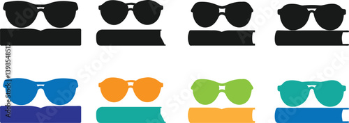 Glasses on Books Education Silhouette Vector. Sunglass on Book Silhouette Set. Book and Glasses Silhouette Icon.