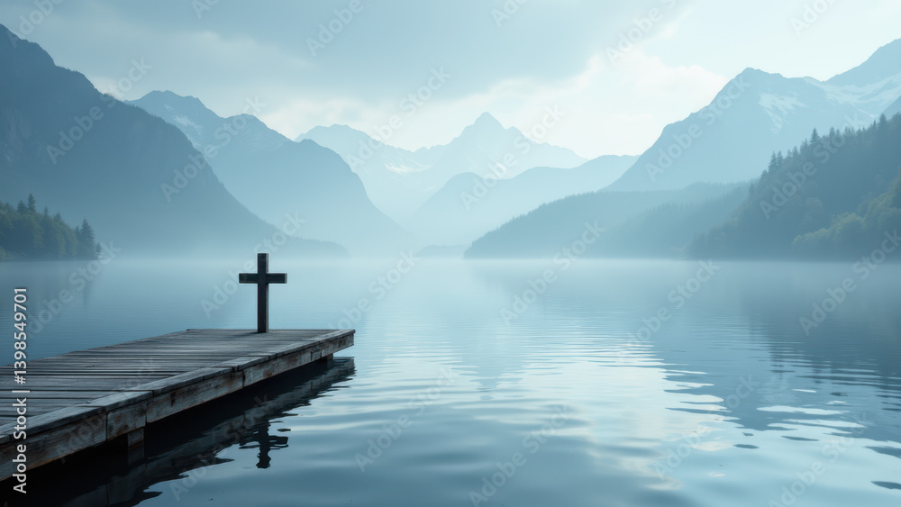 A serene lakeside scene with a cross at the end of a wooden dock amidst a mountainous backdrop. A serene lakeside scene with a cross at the end of a wooden dock amidst a mountainous backdrop.