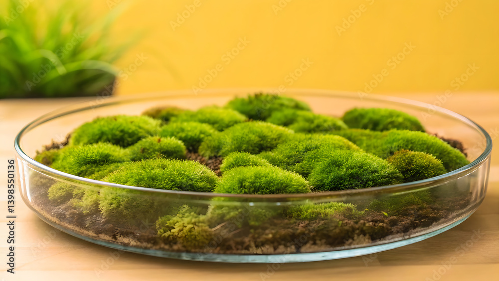 Lush moss arranged in shallow glass dish creates vibrant, natural centerpiece, bringing touch of greenery to any space Lush moss arranged in shallow glass dish creates vibrant, natural centerpiece, bringing touch of greenery to any space