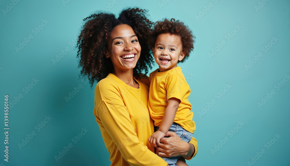 Smiling mother with curly hair holding cute child baby boy. Family love parenthood concept. Woman in yellow clothes and happy kid son on blue background studio portrait. Mother Day fun.