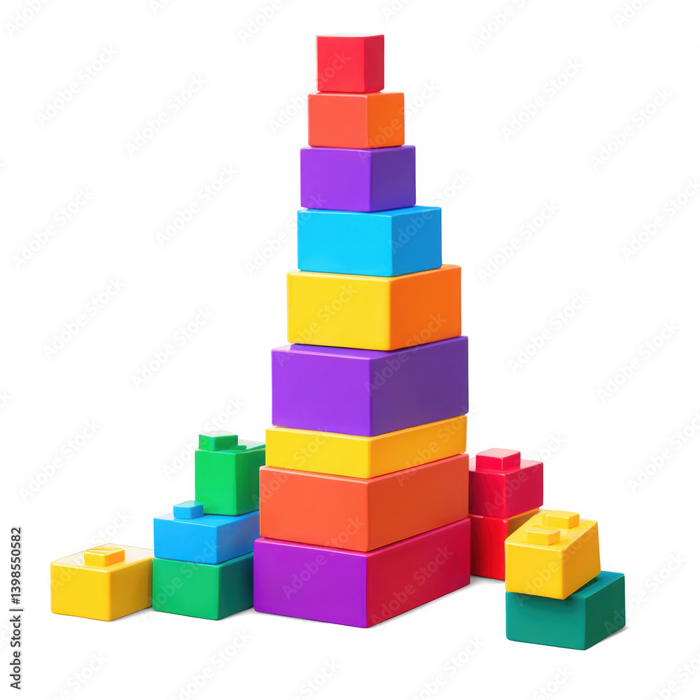 Obraz premium Colorful Plastic Blocks Tower Isolated. Multi colored toy bricks stacking on black background. Child game construction building blocks png transparent.
