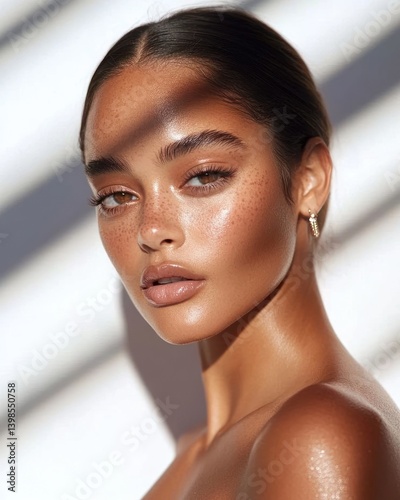 Beautiful woman portrait glowing skin freckles natural light beauty model
