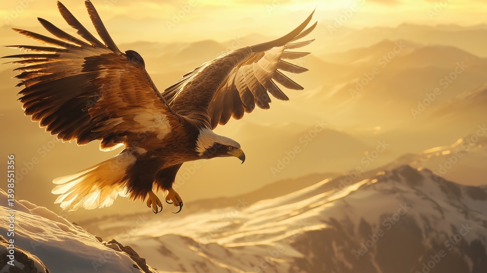 Obraz premium Majestic eagle soaring above snow-capped mountains during golden sunset in serene wilderness