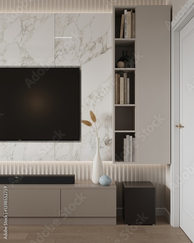 Fototapeta Naklejka Na Ścianę i Meble -  Mockup a TV wall mounted with plant in living room with a marble wall. 3D rendering