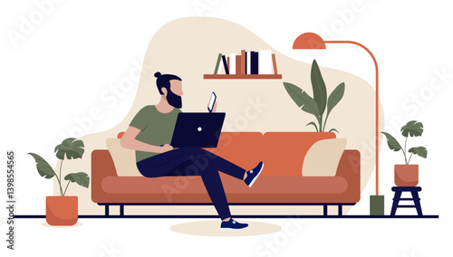 Man working on laptop and phone in couch at home - Person sitting cross legged in sofa with laptop looking at phone doing remote work in cozy apartment alone. Flat design vector illustration