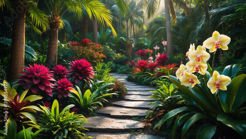 A tranquil paradise garden path unfolds, showcasing vibrant bromeliads and delicate orchids blooming in the sunlit morning, with lush tropical foliage and a stone pathway.