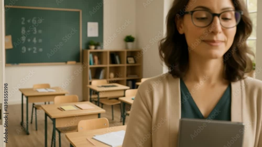 Educator in the Classroom: A dedicated educator stands in an inviting classroom environment, exuding expertise and knowledge, holding a tablet. The image evokes feelings of learning, teaching. Educator in the Classroom: A dedicated educator stands in an inviting classroom environment, exuding expertise and knowledge, holding a tablet. The image evokes feelings of learning, teaching.