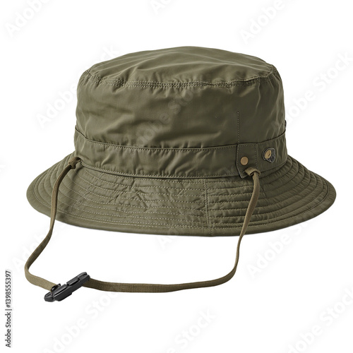 Military style boonie hat in olive drab featuring a chin strap positioned centrally on a crisp white surface