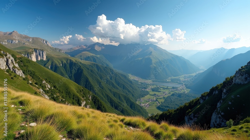 Fototapeta premium Panoramic view of Pindos Mountains in Greece at midday under hot, sunny summer conditions.