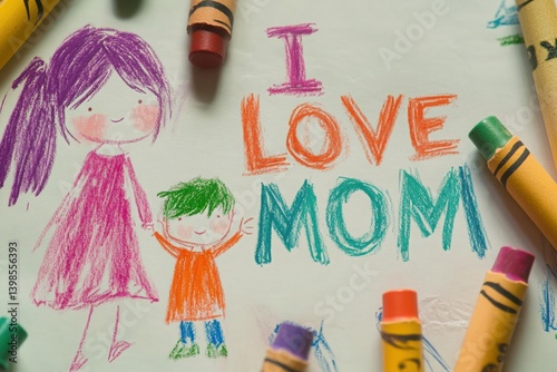 Childs crayon drawing with i love mom message with crayon border