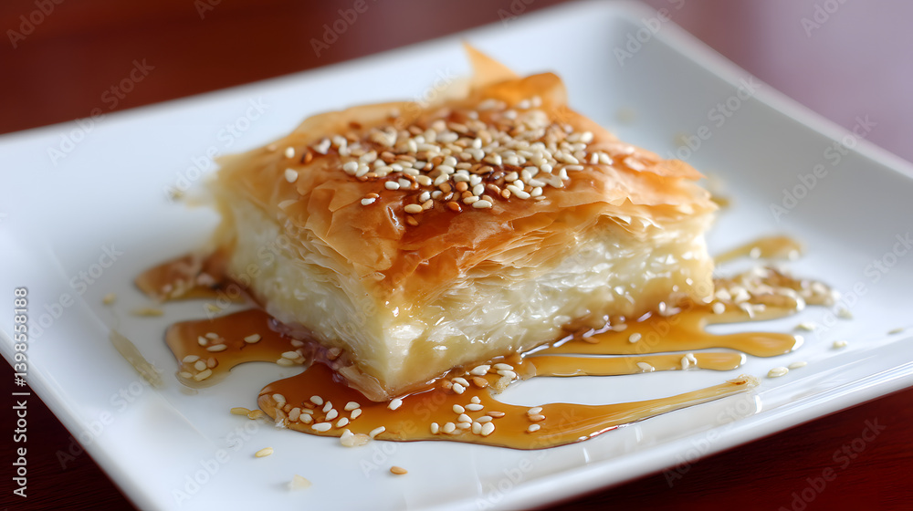 Deliciously Baked Feta Wrapped in Phyllo Pastry with Honey and Sesame Seeds Drizzled Over in a Plate Deliciously Baked Feta Wrapped in Phyllo Pastry with Honey and Sesame Seeds Drizzled Over in a Plate
