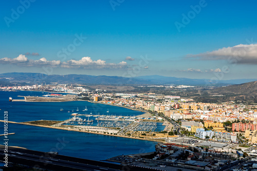 Scenic view of Gibraltar harbor from the Rock of Gibraltar. Port of Gibraltar.