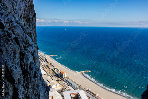 Scenic view of Gibraltar harbor from the Rock of Gibraltar. Port of Gibraltar.