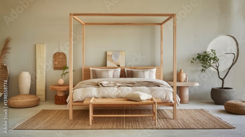 Serene bedroom with wooden canopy bed, jute rug, and natural decor accents, creating a calming and inviting interior space.