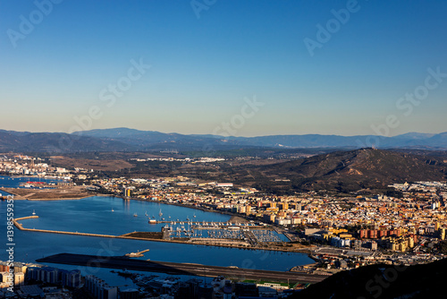 Scenic view of Gibraltar harbor from the Rock of Gibraltar. Port of Gibraltar.