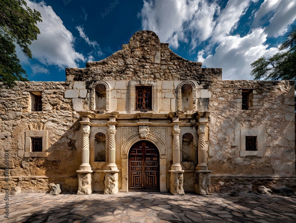 Fototapeta premium The Alamo: A grand and historic building stands proudly beneath a striking sky, inviting viewers to immerse themselves in the rich history and architecture of the location. 