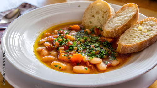 Wallpaper Mural Traditional Greek Fasolada Soup with White Beans and Fresh Bread on a Rustic Table Setting Torontodigital.ca
