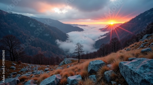 Stunning view of Cevennes National Park in France during dawn, with cool, rainy winter conditions and an aerial perspective.