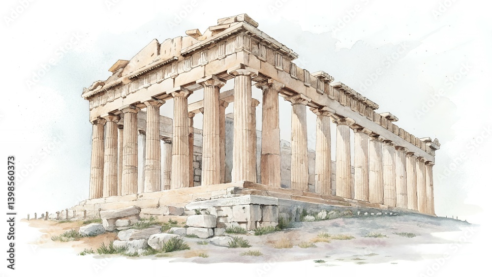 Ancient Greek Temple Watercolor Painting Acropolis Architecture Columns Ruins History Heritage Ancient Greek Temple Watercolor Painting Acropolis Architecture Columns Ruins History Heritage