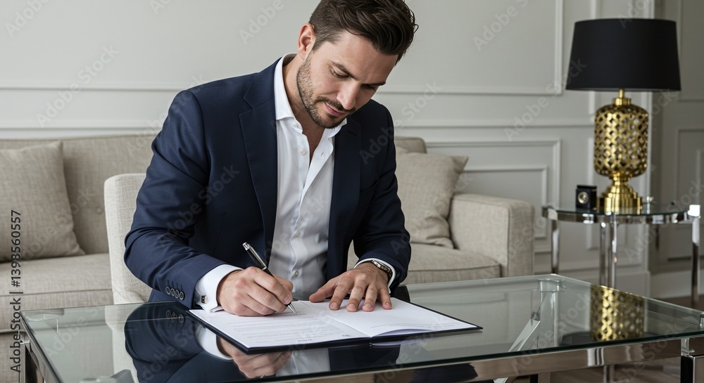 A professional businessman in a formal suit diligently writing and signing a document, possibly a contract A professional businessman in a formal suit diligently writing and signing a document, possibly a contract
