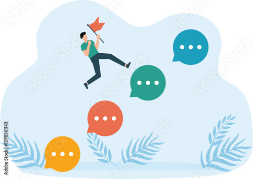 Effective advice or feedback to motivate success and comments opinions for career, help or communication to support employees, businessman jumps on speech bubble advice to success.
