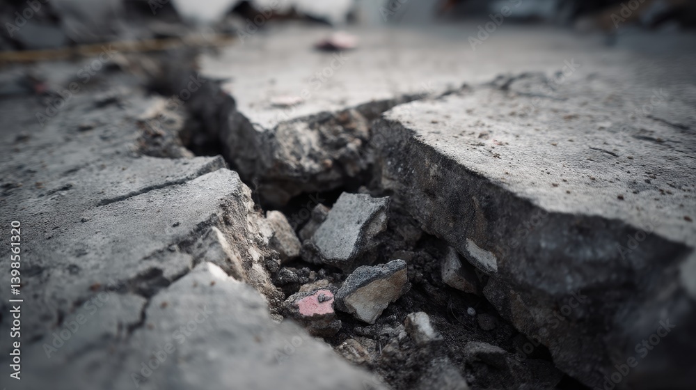 Fractured Concrete Close-up of Cracked Pavement and Debris Fractured Concrete Close-up of Cracked Pavement and Debris