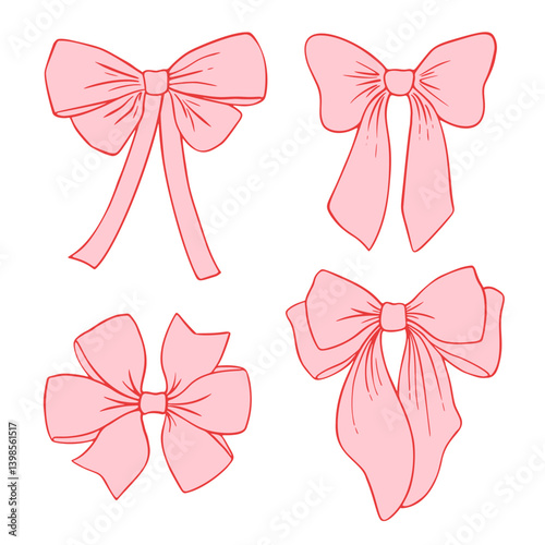 Cute pink bows isolated vintage set. Coquette aesthetic elements. Retro hair accessory vector clipart. Romantic hand drawn trendy illustration. Feminine icon set. Charming cottage core flat graphics.