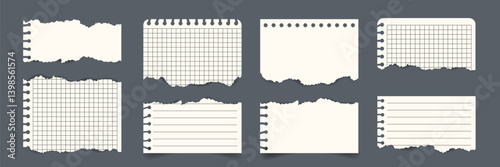 Set of torn notebook paper vector templates with grid lined blank sheets. Realistic ripped edges. Flat style for notes, scrapbooking, collage, memos, school education design, reminders, overlays