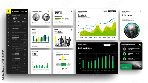 A corporate dashboard with analytics graphs, people management icons, and dollar signs, showcasing business performance and financial planning