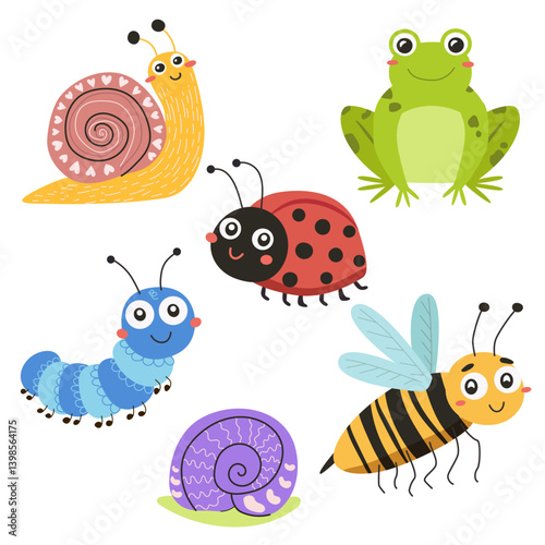 Funny cartoon insects for children's book illustrations, ladybug, caterpillar, frog, snail, buzzing bee. Vector illustration