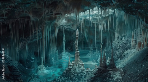 Natural cave interior featuring dramatic stalactites and stalagmites formations, with cool blue tones and eerie atmosphere.
