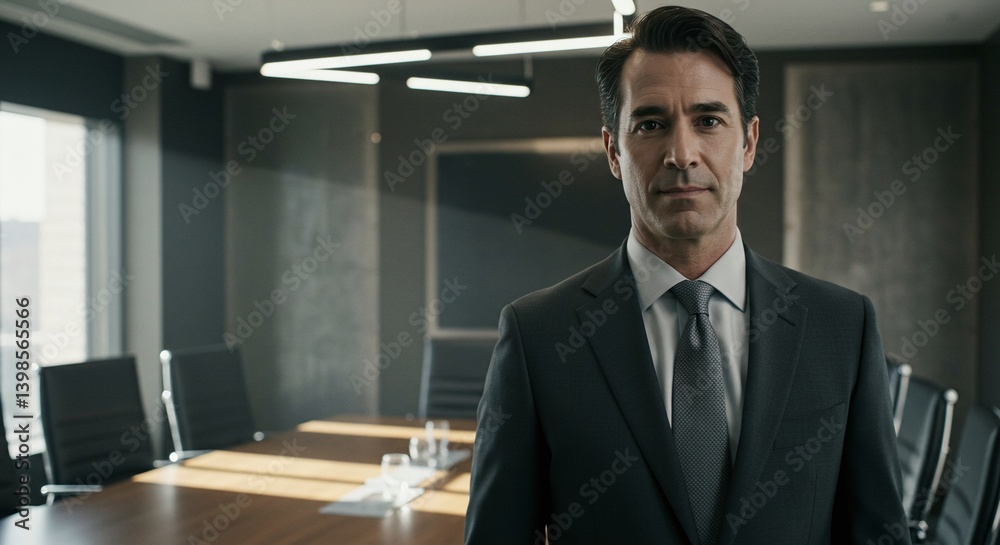 A sophisticated business professional stands confidently in a modern office setting, exuding a sense of authority and professionalism.
