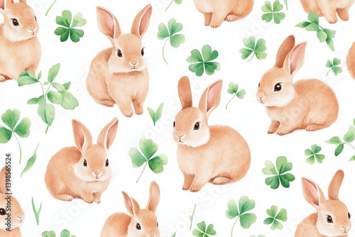 Seamless watercolor pattern featuring brown bunnies and clovers on a white background